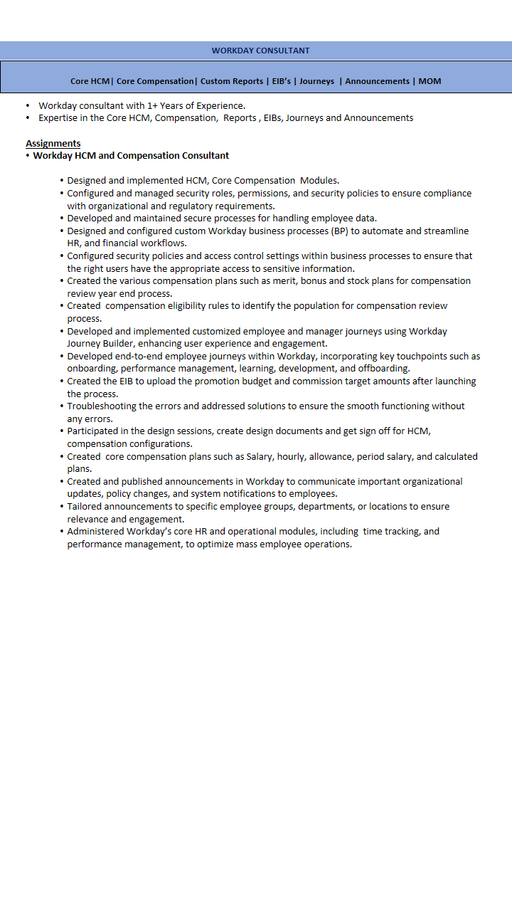 Indicative profile: Workday HCM and Core Compensation, 1.5 years